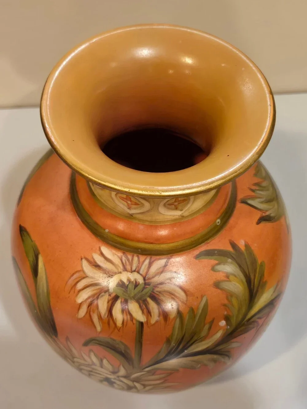 Vintage Toyo Hand-Painted Floral Ceramic Vase in Warm Terracotta